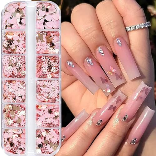 12Grids Valentine's Day Nail Glitter Sequins Holographic Gold Pink Heart Nail Art Glitter Flakes 3D Flower Rabbit Butterfly Charm Nail Sequins Glitter Nail Supplies for Acrylic Nail Decor Accessories - Image 6