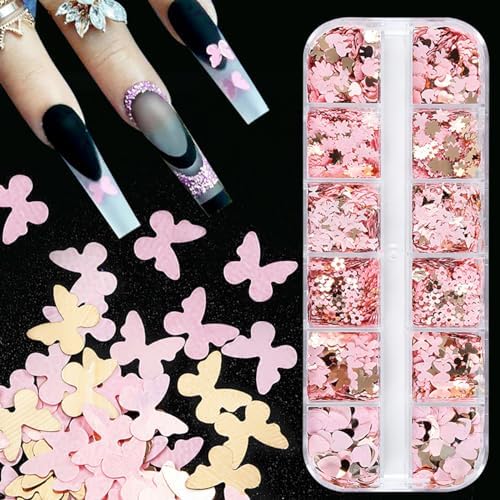 12Grids Valentine's Day Nail Glitter Sequins Holographic Gold Pink Heart Nail Art Glitter Flakes 3D Flower Rabbit Butterfly Charm Nail Sequins Glitter Nail Supplies for Acrylic Nail Decor Accessories - Image 4