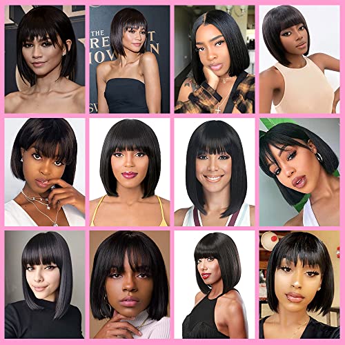 12INC Short Bob Wig with Bangs Human Hair Bob with Bangs Wig Human Hair 150% Density bob's wigs human hair For Women (12 Inch Natural Black) - Image 7