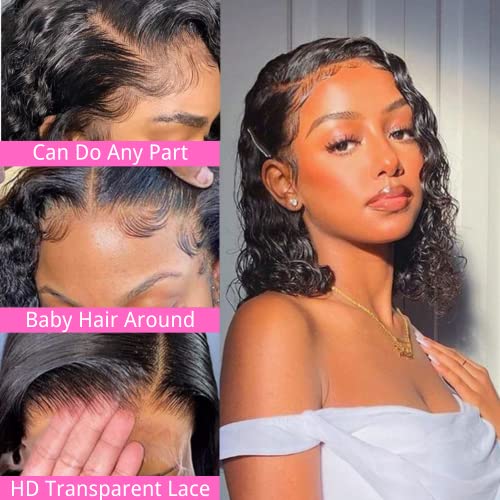 12inch Short Curly Bob Lace Front Wigs Human Hair 13x4 HD Transparent Bob Wigs Water Wave Wigs Pre Plucked Lace Wig for Black Women Natural Black 150% Density - Image 2