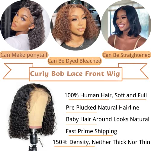 12inch Short Curly Bob Lace Front Wigs Human Hair 13x4 HD Transparent Bob Wigs Water Wave Wigs Pre Plucked Lace Wig for Black Women Natural Black 150% Density - Image 3