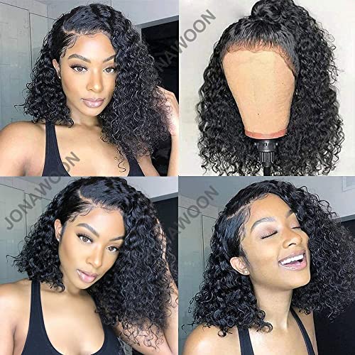 12inch Short Curly Bob Lace Front Wigs Human Hair 13x4 HD Transparent Bob Wigs Water Wave Wigs Pre Plucked Lace Wig for Black Women Natural Black 150% Density