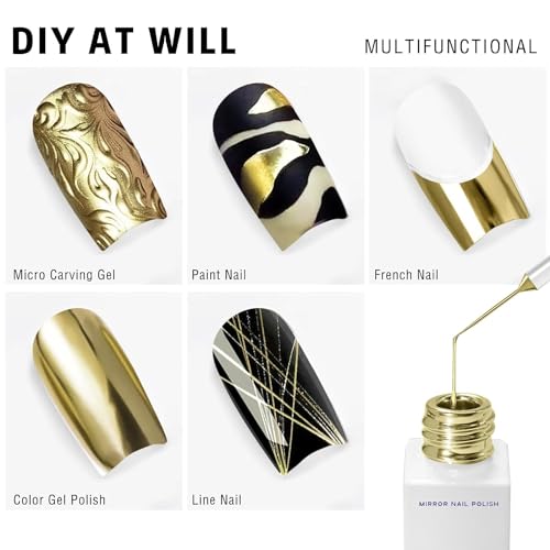12ml Metallic Painting Nail Gel Polish, Bright Gold Liner Nail Art Polish, 3D Metal Mirror Effect High Gloss Shine Painted Drawing Liner Gel Chrome Soak Off UV/LED Manicure (Gold) - Image 3
