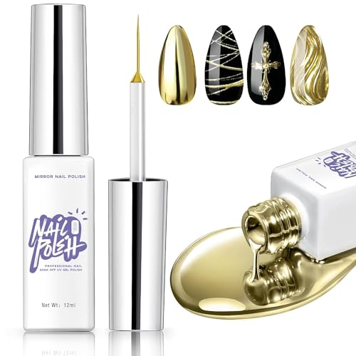 12ml Metallic Painting Nail Gel Polish, Bright Gold Liner Nail Art Polish, 3D Metal Mirror Effect High Gloss Shine Painted Drawing Liner Gel Chrome Soak Off UV/LED Manicure (Gold)
