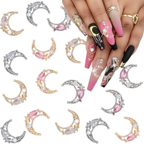 12 Piece 3D Alloy Moon Nail Charms Set with Gold Silver Rhinestones for Nail Art - Image 5
