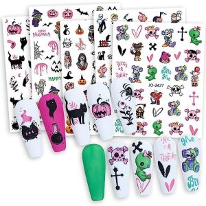 12Pcs Halloween 3D Self-Adhesive Nail Art Stickers for Women Girls Kids - Skeleton Skull Ghost Bat Pumpkin Spider Web Blood Design