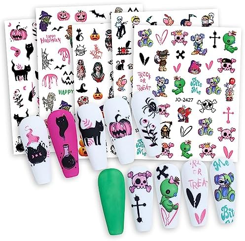 12Pcs Halloween 3D Self-Adhesive Nail Art Stickers for Women Girls Kids - Skeleton Skull Ghost Bat Pumpkin Spider Web Blood Design