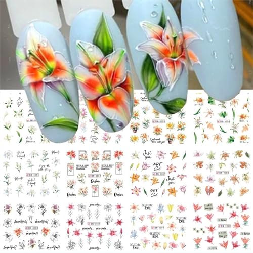 12 Sheets Spring Flower Nail Art Stickers, Self-Adhesive Daisy Lily Designs for Women