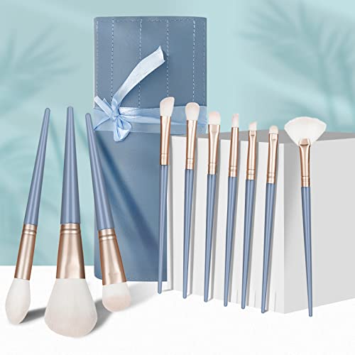 13-Piece Blue Professional Makeup Brush Set with Synthetic Face and Eye Brushes and Bag - Image 7