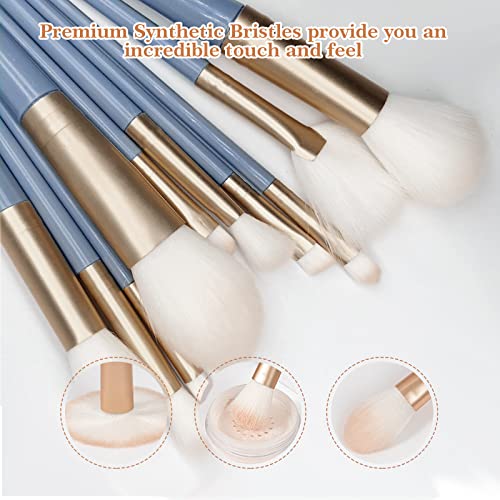13-Piece Blue Professional Makeup Brush Set with Synthetic Face and Eye Brushes and Bag - Image 5