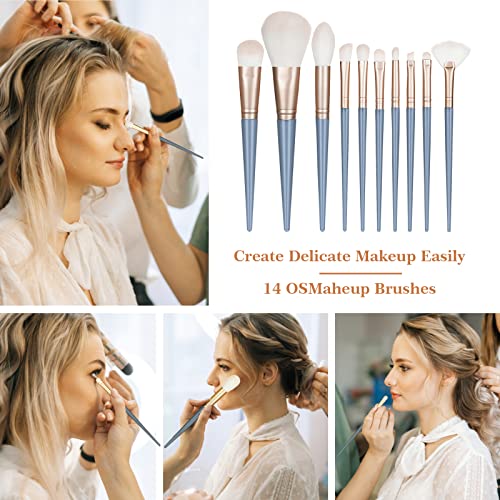 13-Piece Blue Professional Makeup Brush Set with Synthetic Face and Eye Brushes and Bag - Image 4