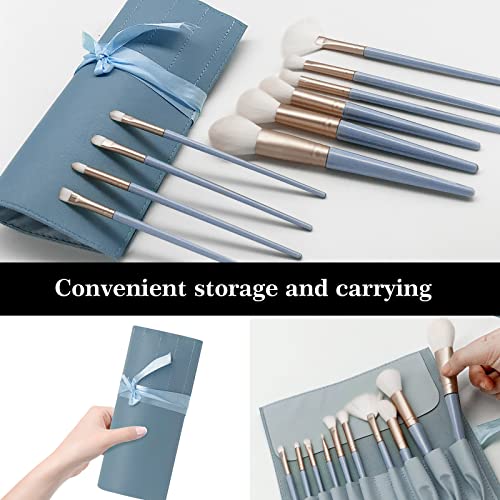 13-Piece Blue Professional Makeup Brush Set with Synthetic Face and Eye Brushes and Bag - Image 3