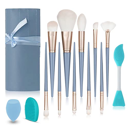 13-Piece Blue Professional Makeup Brush Set with Synthetic Face and Eye Brushes and Bag