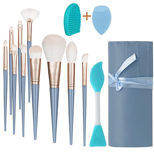 13-Piece Blue Professional Makeup Brush Set with Synthetic Face and Eye Brushes and Bag - Image 8