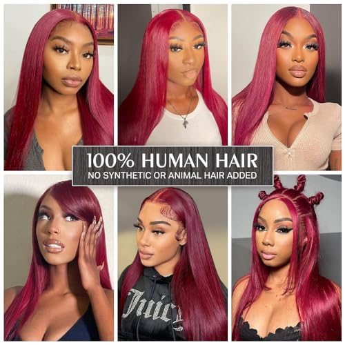 13x4 99j Burgundy Lace Front Wigs Human Hair Straight Lace Front Wigs with Pre-Plucked Natural Hairline 180% Density Glueless HD Transparent Lace Burgundy Lace Frontal Wigs for Women (16 inch) - Image 6