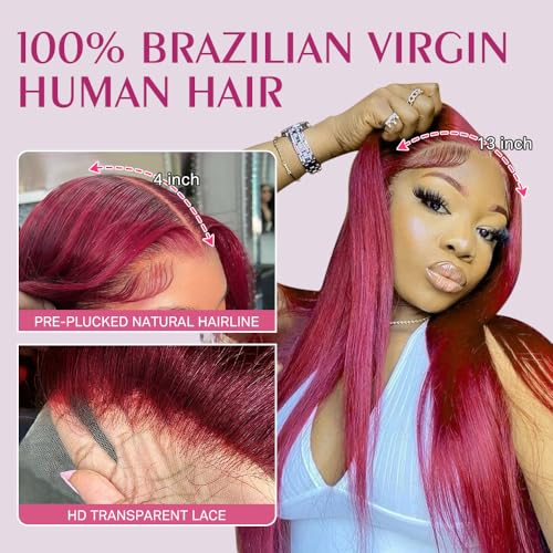 13x4 99j Burgundy Lace Front Wigs Human Hair Straight Lace Front Wigs with Pre-Plucked Natural Hairline 180% Density Glueless HD Transparent Lace Burgundy Lace Frontal Wigs for Women (16 inch) - Image 2
