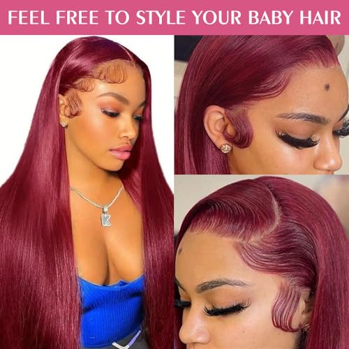 13x4 99j Burgundy Lace Front Wigs Human Hair Straight Lace Front Wigs with Pre-Plucked Natural Hairline 180% Density Glueless HD Transparent Lace Burgundy Lace Frontal Wigs for Women (16 inch) - Image 7