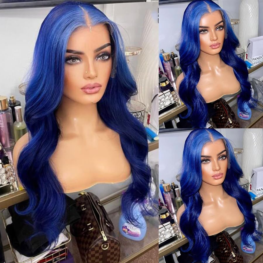 13x4 Body Wave Blue Colored Lace Front Wigs Human Hair Transparent Lace Frontal Wigs Pre Plucked with Baby Hair Glueless Blue Human Hair Wig for Women (13x4 lace front wig, 10 inch)