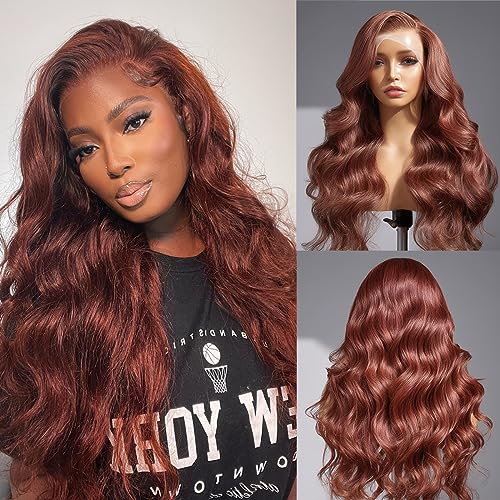 13x4 Body Wave Lace Front Wigs Human Hair 180% Density Reddish Brown Wig Transparent HD Lace Wigs Human Hair Pre Plucked With Baby Hair For Black Women Glueless Wigs Human Hair 34 inch