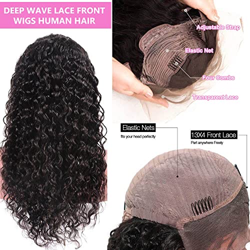 13x4 Deep Wave Lace Front Wigs Human Hair 20 inch Curly Lace Front Wig Human Hair Deep Wave Wig for Women Pre Plucked with Baby Hair HD Transparent Lace Frontal Wigs Human Hair 180% Density - Image 2