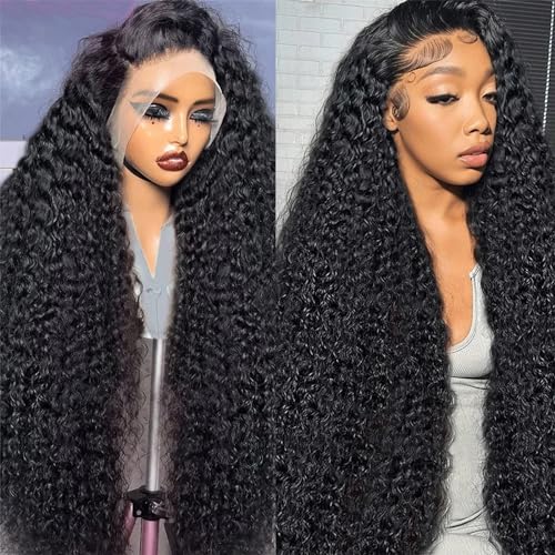 13x4 Deep Wave Lace Front Wigs Human Hair HD Transparent Deep Curly Lace Front Wigs Human Hair 180% Density Frontal Glueless Wigs for Women Human Hair Pre Plucked with Baby Hair (30 Inch)