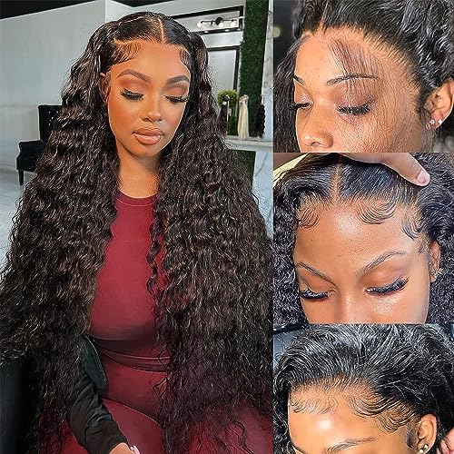 13x4 Deep Wave Lace Front Wigs Human Hair Pre Plucked Glueless Curly Lace Frontal Wigs Human Hair 180% Density Brazilian Wet and Wavy Human Hair Wigs for Black Women Natural Color