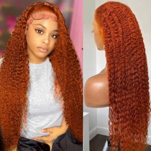 13x4 Ginger Orange HD Transparent Lace Front Wigs Human Hair Deep Wave Colored Human Hair Wigs for Black Women Curly Wigs Pre Plucked with Baby Hair 180 Density (20 Inch)