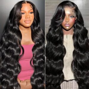 13x4 HD Lace Front Wigs Human Hair Body Wave 180% Density Glueless Wigs Human Hair Pre Plucked Lace Frontal Human Hair Body Wave Wigs for Black Women Human Hair Frontal Wigs 18 Inch Body Wave