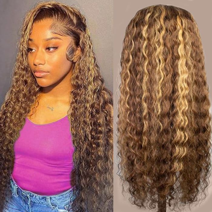 13x4 Highlight Ombre Deep wave Lace Front Wigs Human Hair P4/27 Colored HD Transparent Honey Blonde Curly Lace Frontal Wigs Pre Plucked 180% Density with Baby Hair 26inch