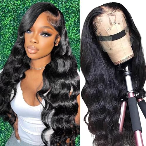 13x4 Lace Front Wigs Human Hair Pre Plucked with Baby Hair 20 Inch Body Wave Lace Front Wigs 180% Density Glueless Human Hair Wigs for Black Women HD Transparent Lace Frontal Wigs Natural Black