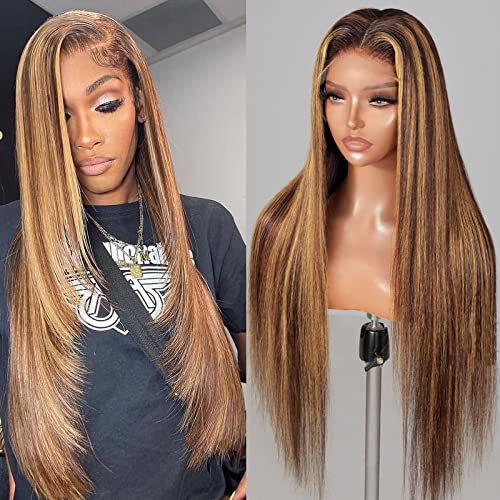 13x4 Ombre Straight Honey Blonde Human Hair Lace Front Wig 32 Inch 180% Density Pre Plucked