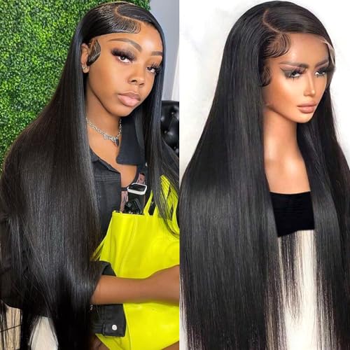 13X4 Straight Lace Front Wigs Human Hair Pre Plucked 180% Density HD Lace Frontal Wigs Human Hair Glueless Wigs for Women With Baby Hair Natural Black Color Brazilian Virgin Long Hair Wig 22 Inch