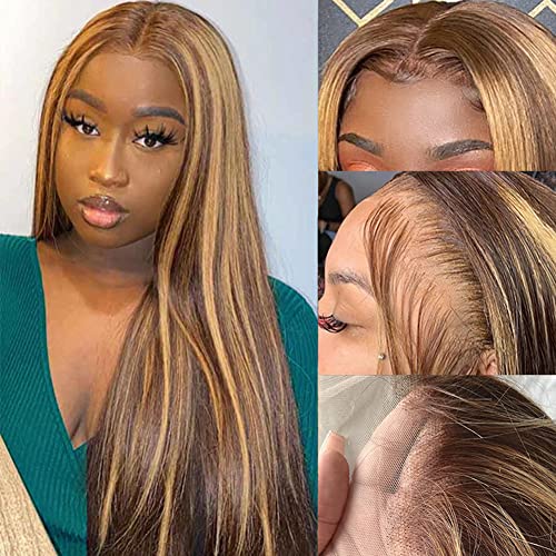 13x5 HD Honey Blonde Lace Front Wigs Human Hair Wigs for Black Women 180 Density Ombre Straight T Lace Frontal Wigs Human Hair Pre Plucked with Baby Hair Natural Hairline(24 Inch)