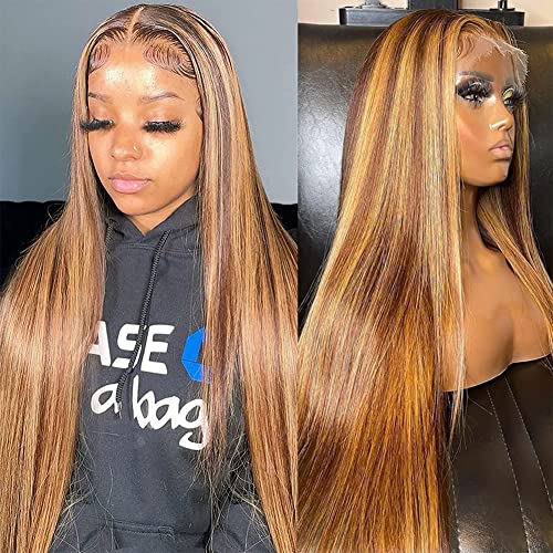 13x5 HD Honey Blonde Lace Front Wigs Human Hair Wigs for Black Women 180 Density Ombre Straight T Lace Frontal Wigs Human Hair Pre Plucked with Baby Hair Natural Hairline(24 Inch) - Image 3