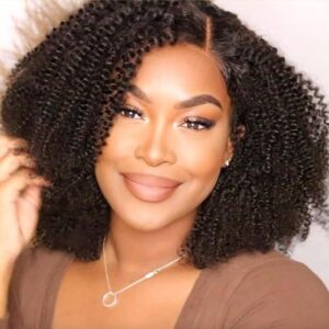 13x6 Afro Curly 12 Inch Glueless Human Hair Bob Wig for Women, 200% Density