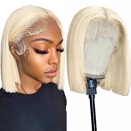 13x6 Blonde Bob Wig Brazilian Straight 613 Short Lace Frontal Wig HD Lace Front Human Hair Glueless Wigs For Black Women 150 Density Golden Wig Pre Plucked With Baby Hair (8 Inch)