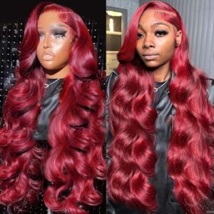 13x6 Burgundy Lace Front Wigs Human Hair 99J Body Wave Lace Front Wigs Human Hair HD Transparent Lace Front Wigs Pre Plucked 180% Density Body Wave Burgundy Human Hair Wig for Women (28 Inch)