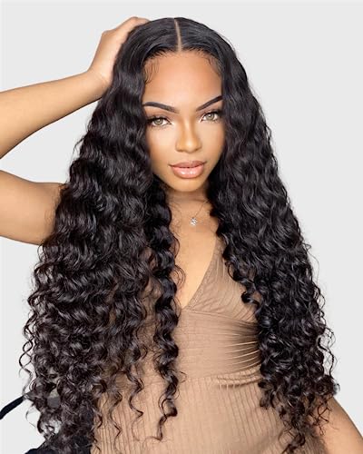 13x6 Deep Wave HD Lace Front Wigs Human Hair, Loose Deep Wave Transparent Lace Frontal Wig 180% Density, Pre-Plulcked Water Wave Wig 28 inch
