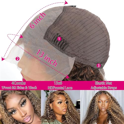 13x6 Deep Wave Lace Front Wigs Human Hair 18 inch Colored Highlight Ombre 4/27 Curly HD Transparent Lace Frontal Wig for Women 180% Density Pre Plucked With Baby Hair Glueless Wig 18 Inch - Image 6