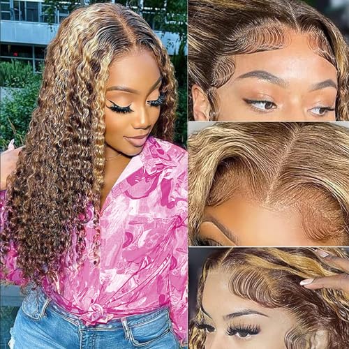 13x6 Deep Wave Lace Front Wigs Human Hair 18 inch Colored Highlight Ombre 4/27 Curly HD Transparent Lace Frontal Wig for Women 180% Density Pre Plucked With Baby Hair Glueless Wig 18 Inch