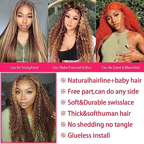 13x6 Deep Wave Lace Front Wigs Human Hair 18 inch Colored Highlight Ombre 4/27 Curly HD Transparent Lace Frontal Wig for Women 180% Density Pre Plucked With Baby Hair Glueless Wig 18 Inch - Image 8