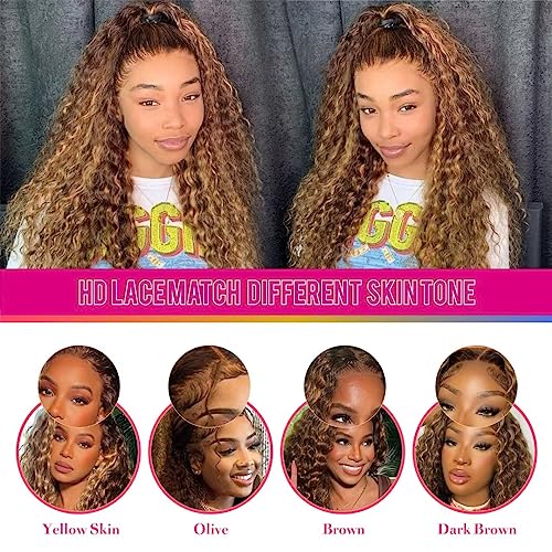 13x6 Deep Wave Lace Front Wigs Human Hair 18 inch Colored Highlight Ombre 4/27 Curly HD Transparent Lace Frontal Wig for Women 180% Density Pre Plucked With Baby Hair Glueless Wig 18 Inch - Image 7