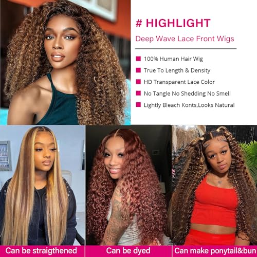 13x6 Deep Wave Lace Front Wigs Human Hair 18 inch Colored Highlight Ombre 4/27 Curly HD Transparent Lace Frontal Wig for Women 180% Density Pre Plucked With Baby Hair Glueless Wig 18 Inch - Image 5