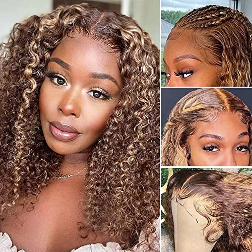 13x6 Free Part Highlight Wig Human Hair 12 Inch Ombre Highlight Colored Wig Human Hair 4/27 Brown and Honey Blonde Deep Wave Brazilian Human Hair Wigs for Black Women HD Lace Frontal Wigs 180% Density