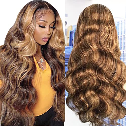 13x6 Free Part Highlight Wig Human Hair 24inch Ombre Highlight Colored Wig Human Hair Ombre Body Wave Brazilian Human Hair Wigs for Women HD Lace Frontal Wigs (24 inch Body Wave Wig with Five gifts)
