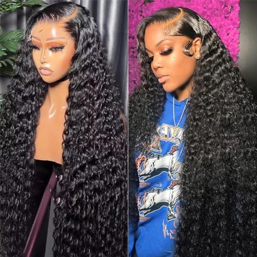 13x6 HD Lace Front Wigs Human Hair Pre Plucked Water Wave Lace Frontal Wigs Human Hair Curly Wig for Women 180 Density Natural Black 32 Inches - Image 3