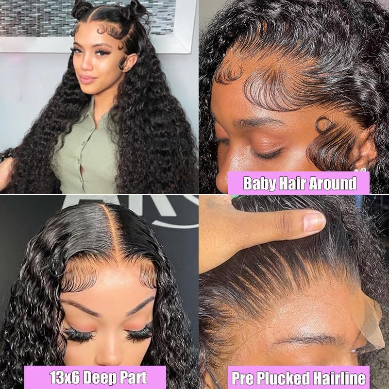 13x6 HD Lace Front Wigs Human Hair Pre Plucked Water Wave Lace Frontal Wigs Human Hair Curly Wig for Women 180 Density Natural Black 32 Inches - Image 5