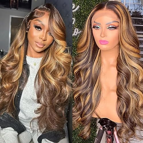13x6 Highlight Ombre Body Wave Lace Front Wigs Human Hair 30inch 4/27 Honey Blonde Frontal Wigs for Women Pre Plucked with Baby Hair Glueless HD Lace Wig 180% Density
