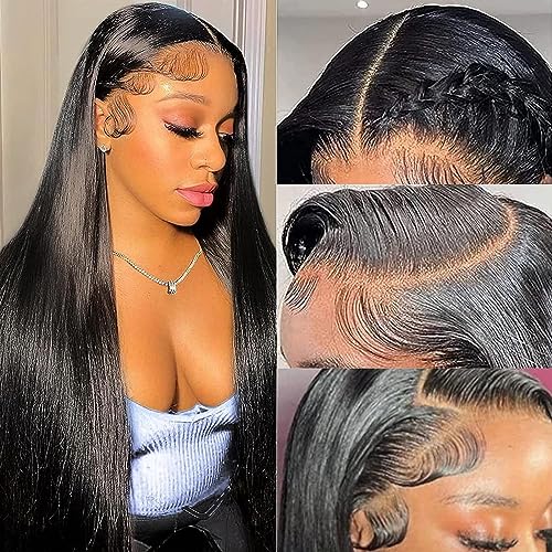 13x6 Lace Front Wigs Human Hair 24Inch Straight Transparent Lace Frontal Wigs 180 Density HD Lace Front Wigs Human Hair Pre Plucked Glueless Wigs Lace Front Wigs for Black Women with Baby Hair