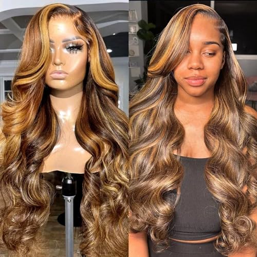 13x6 Lace Front Wigs Human Hair Ombre Highlight Body Wave HD Lace Front Wigs Human Hair Pre Plucked Glueless Wigs Human Hair Frontal Wigs Brazilian Virgin Human Hair 180 Density Wigs (20 Inch)